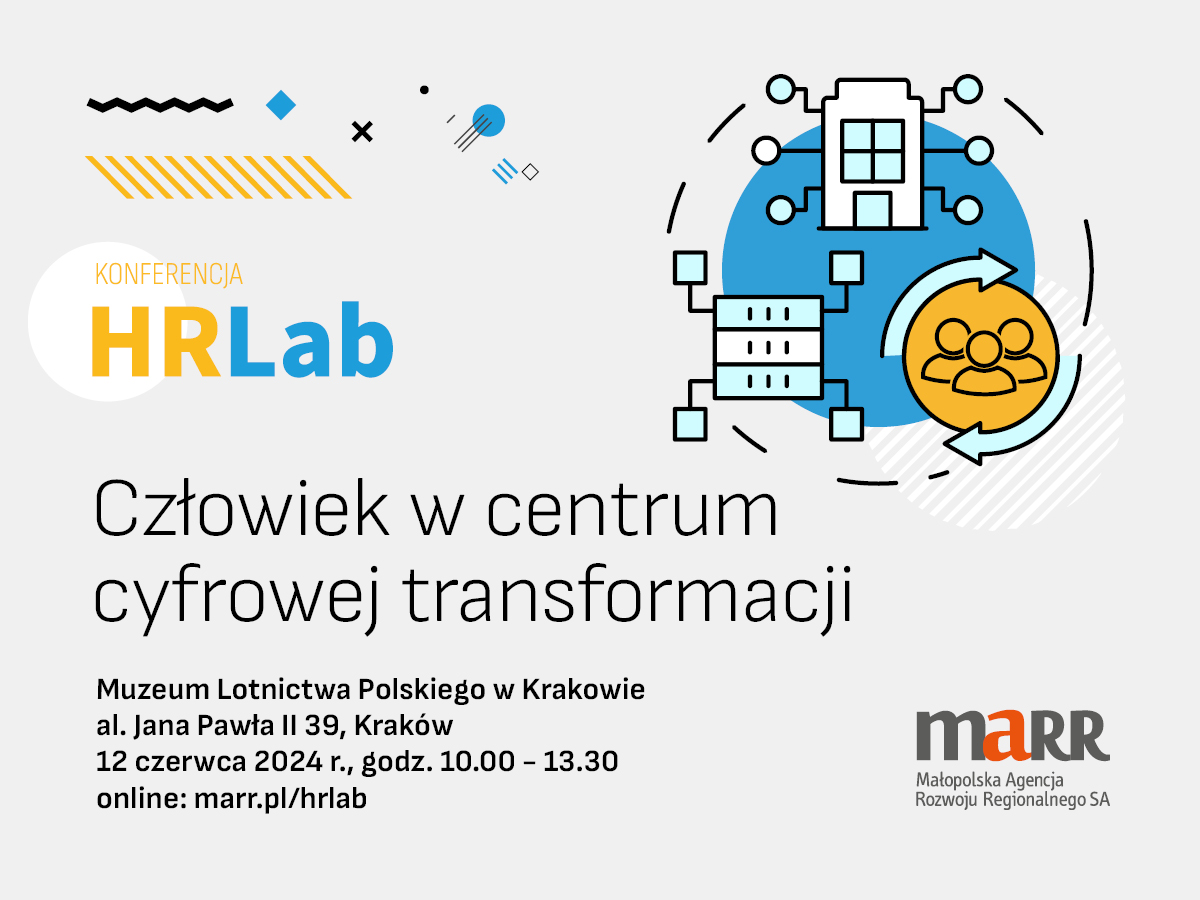 Minimalistyczny plakat reklamowy konferencji. Na środku widać napis „Człowiek w centrum cyfrowej transformacji”, powyżej widać logo HRLab, poniżej szczegóły wydarzenia (adres, termin). 